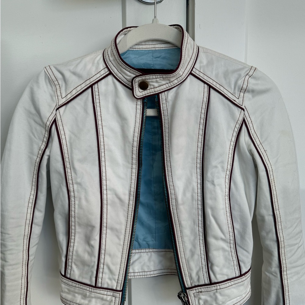 White Moto Jacket with Burgundy Trim